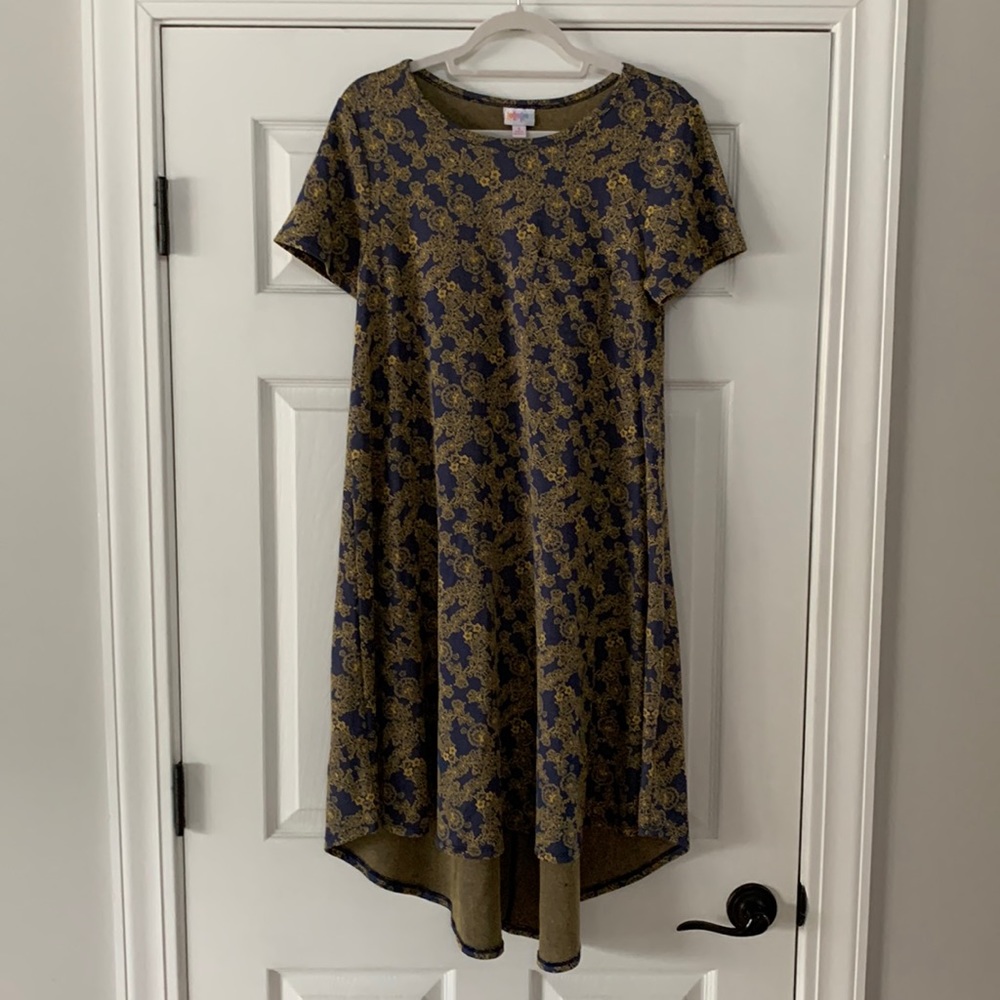 LuLaRoe Carly Blue and Yellow Pattern Hi Lo Hemline Dress